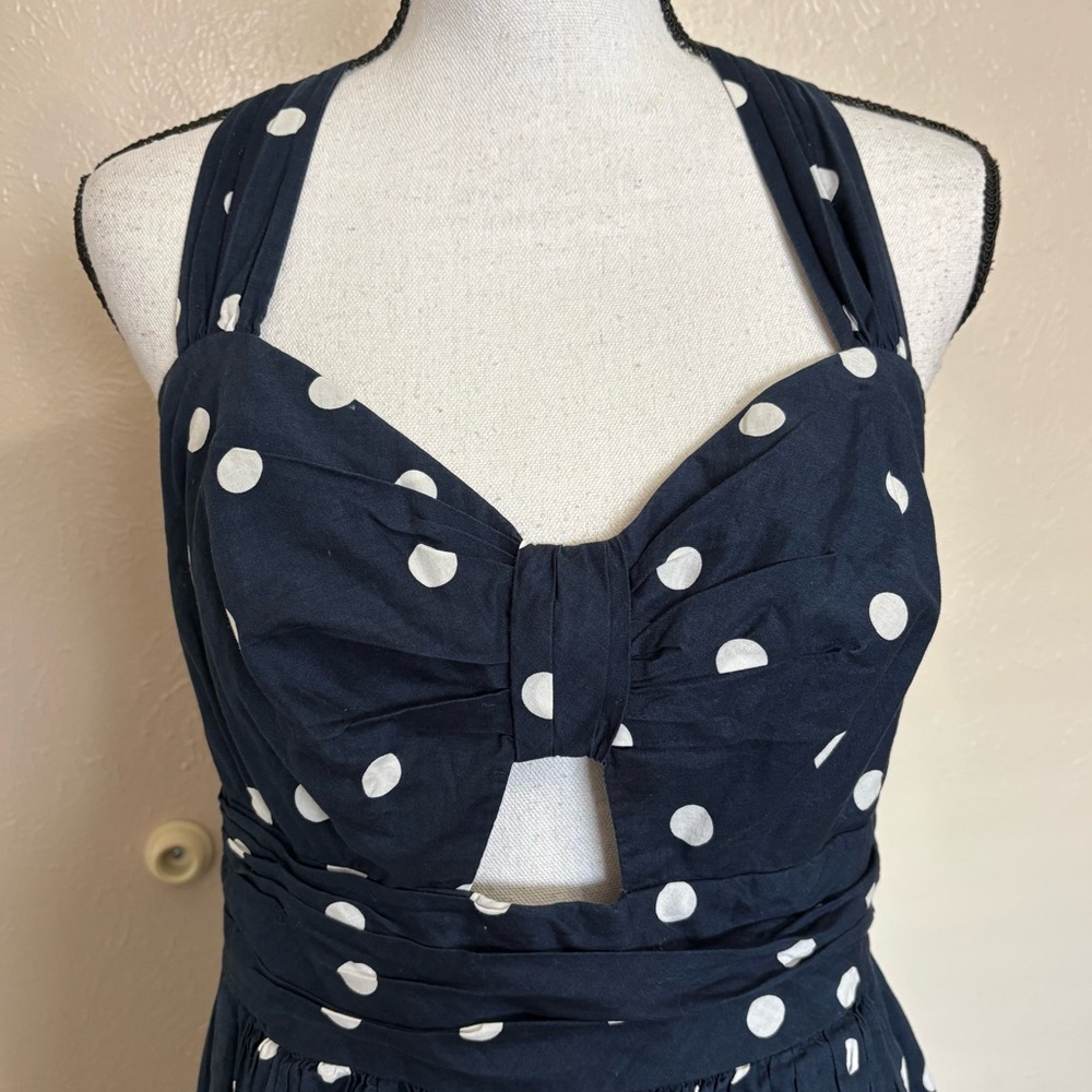 Whit Two Anthropologie Eva Navy Blue Polka Dot Cutout Sleeveless Halter Dress - Picture 6 of 11